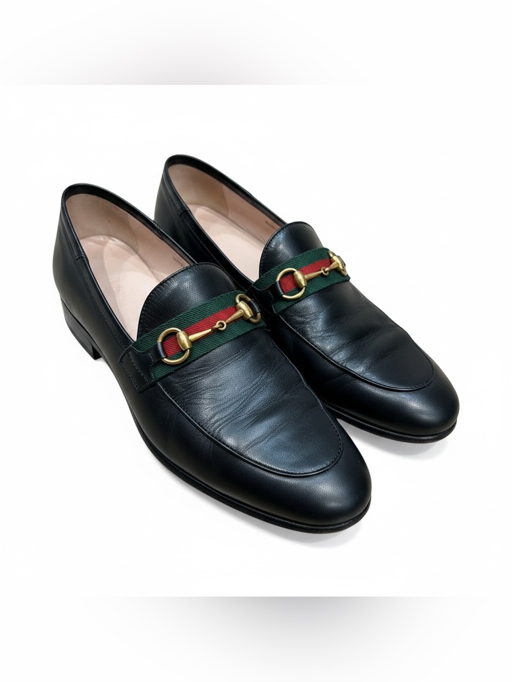 Gucci Jordaan Horsebit Leather Loafers Black Web Stripe Gold Hardware EU 39.5